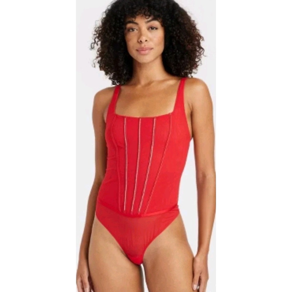 NWT Auden Red Rhinestone Lingerie Bodysuit Mesh Sheer Adjustable Straps‎ - Large